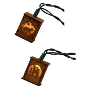 Wooden lantern string lights with animal silhouettes