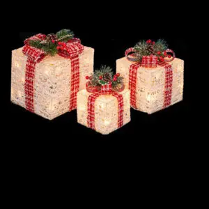 Illuminated holiday gifts with pine accents
