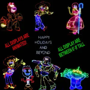 Characters in vibrant festive light decorations