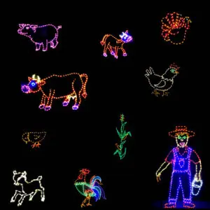 Neon farm animals and farmer display