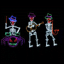 Skeletons drumming and playing guitar lights