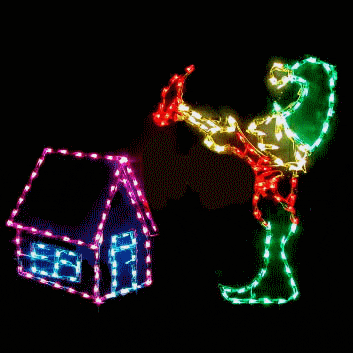 Colorful light display of elf and house