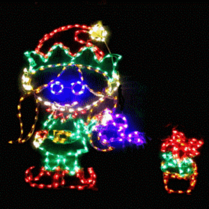 Illuminated holiday elf with a glowing gift