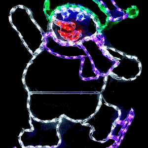 Festive snowman light display in winter attire